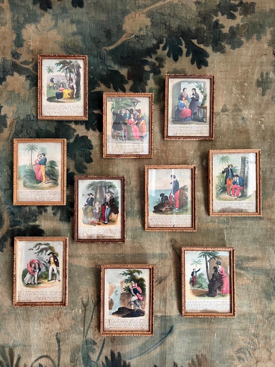 Suite de 10 gravures encadrées 