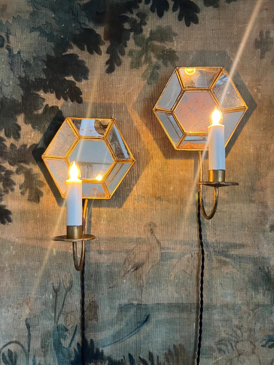 Paire d’appliques réflecteurs miroirs 1950