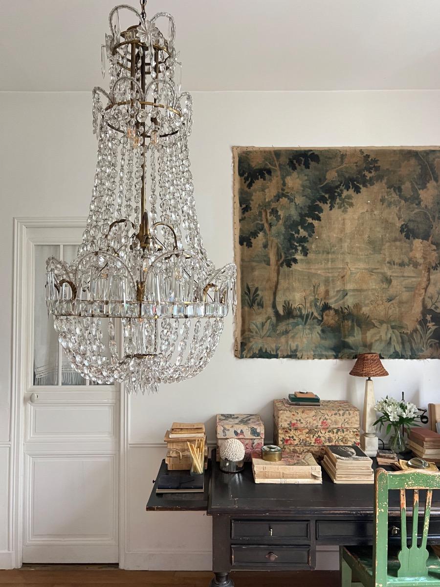 Grand lustre pampilles et bronze 1920