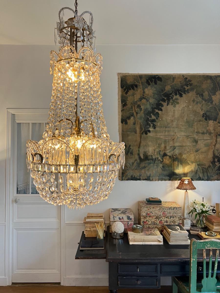 Grand lustre pampilles et bronze 1920