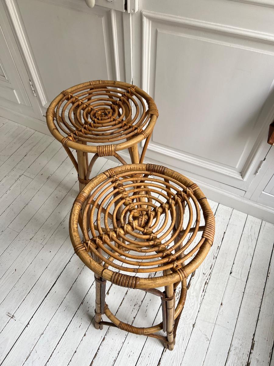 Paire de tabourets hauts rotin 1950