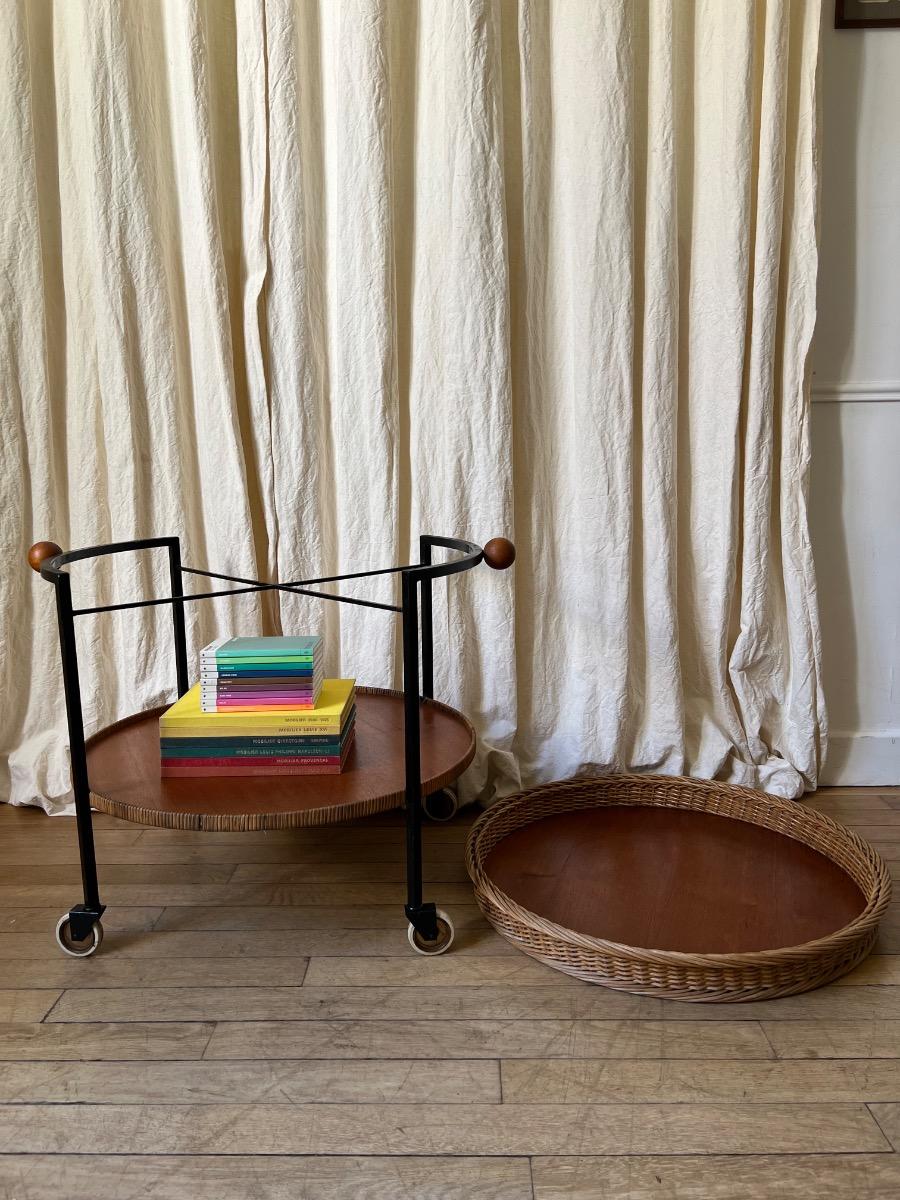 Desserte roulante rotin métal 1950