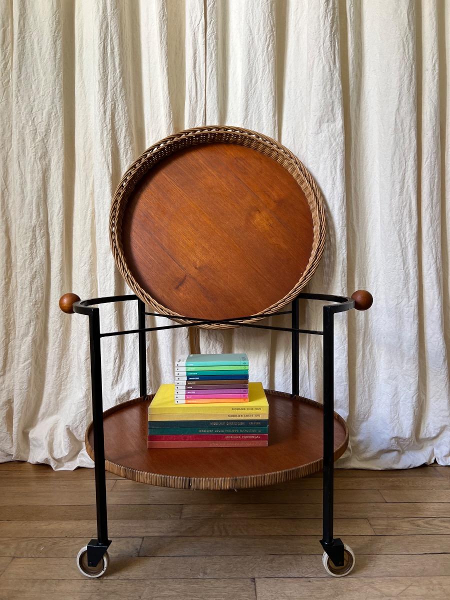 Desserte roulante rotin métal 1950