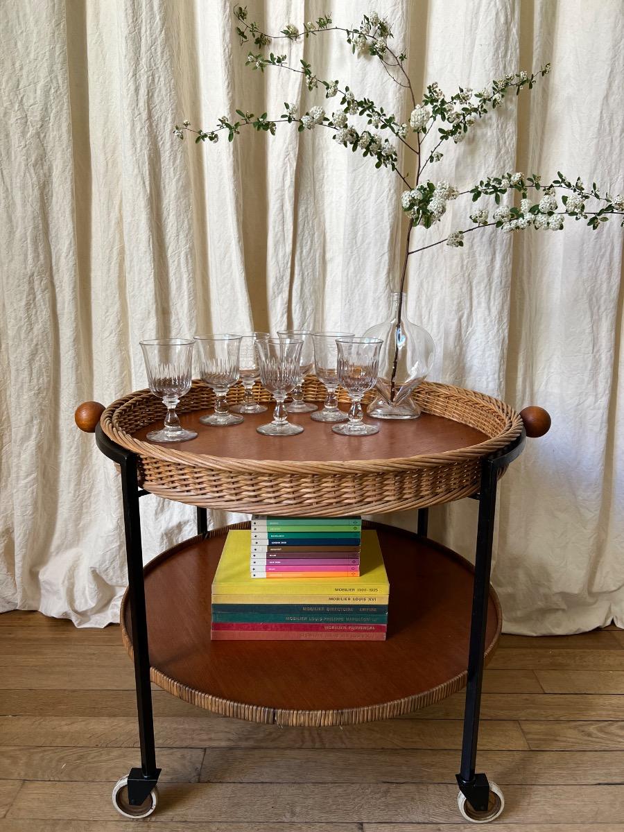 Desserte roulante rotin métal 1950