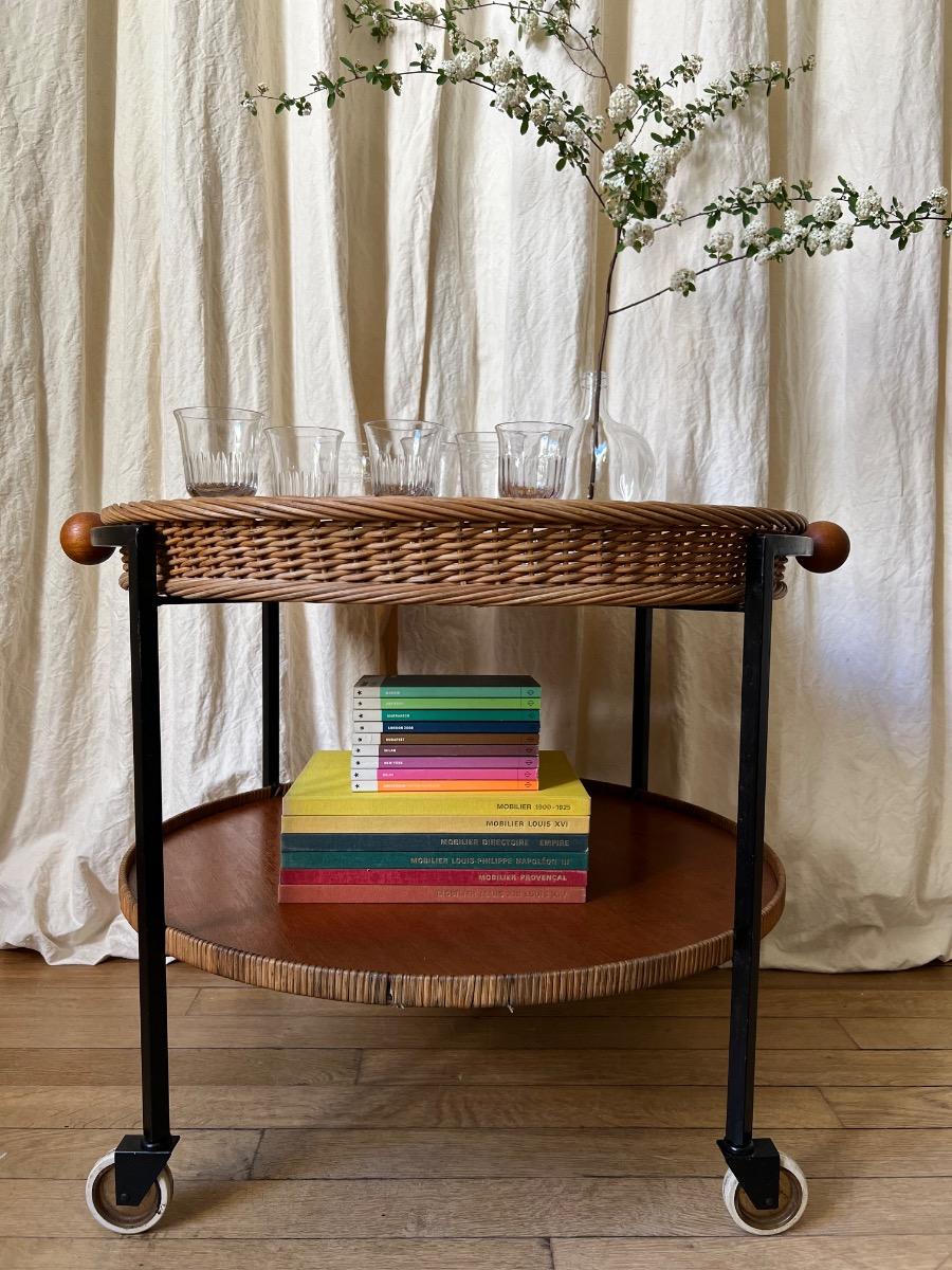 Desserte roulante rotin métal 1950