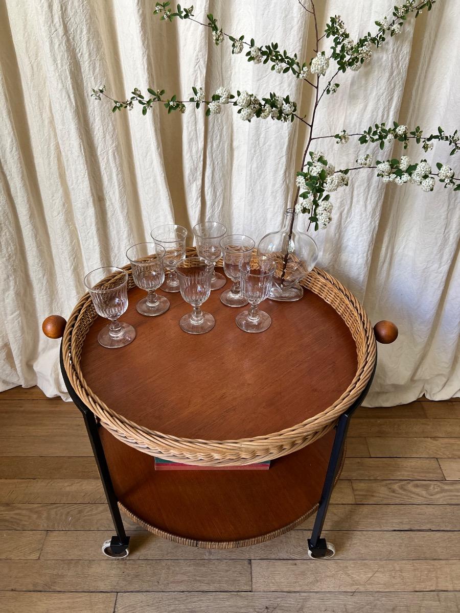 Desserte roulante rotin métal 1950