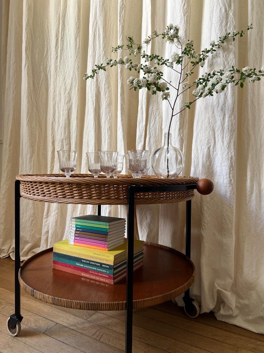 Desserte roulante rotin métal 1950