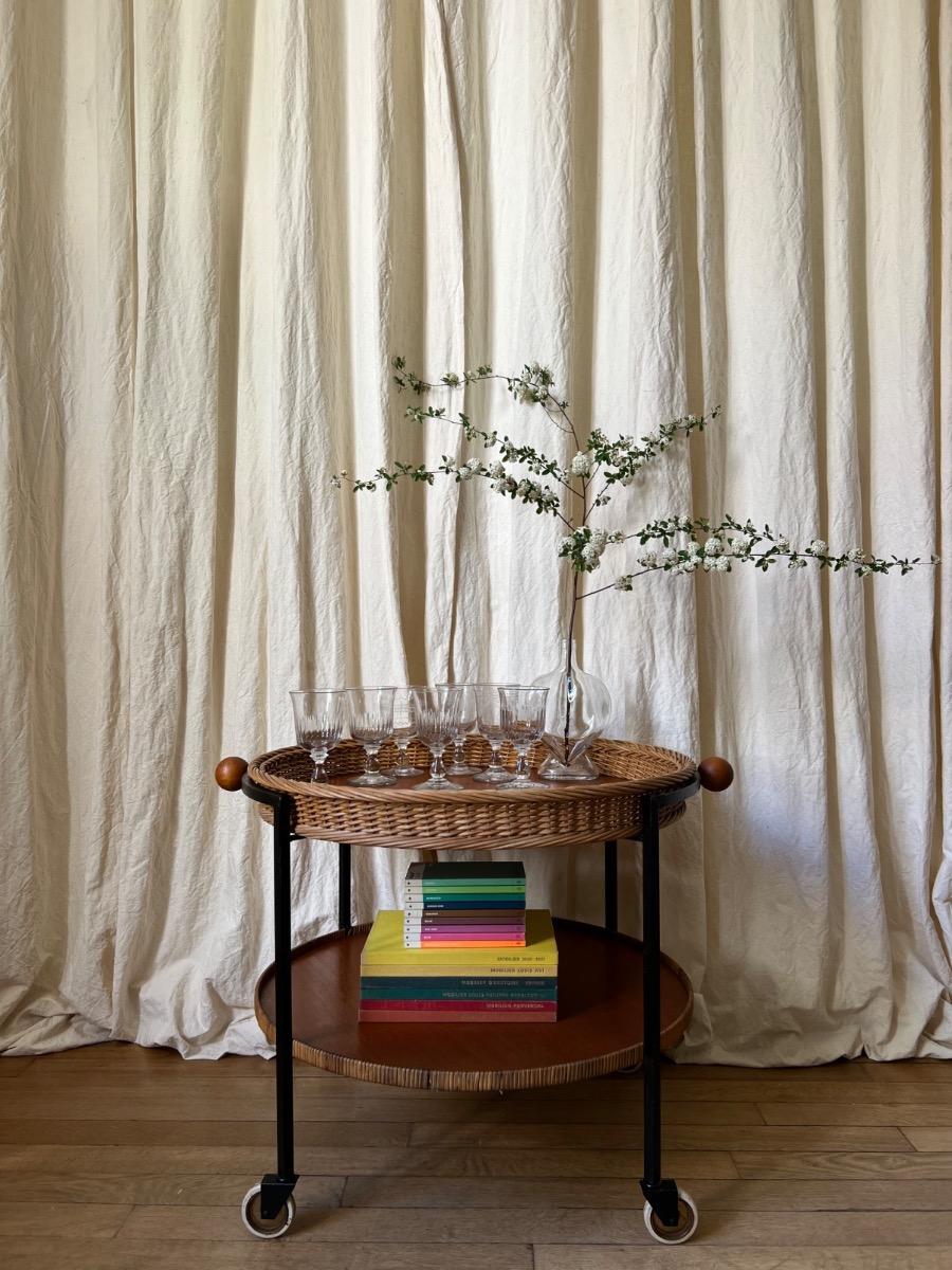 Desserte roulante rotin métal 1950