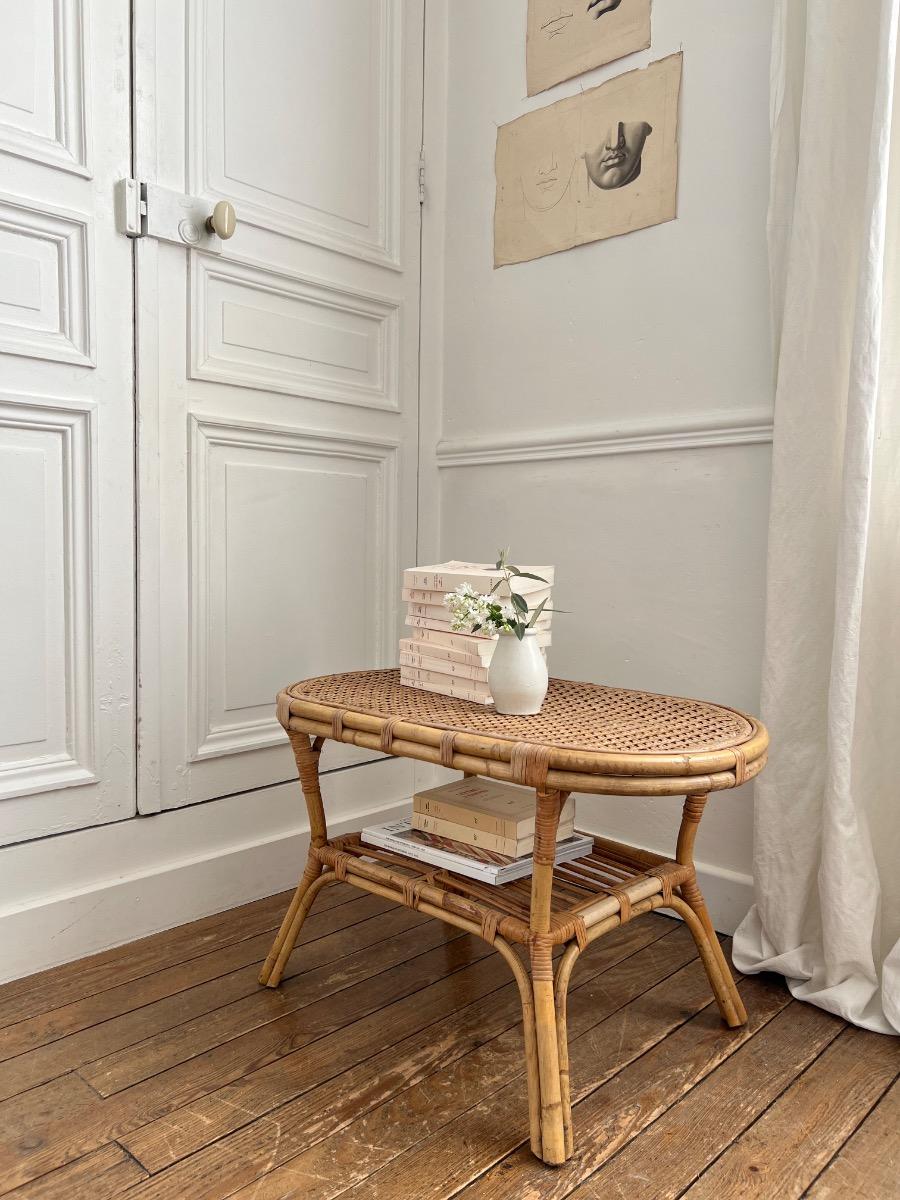 Table basse rotin cannage 1960