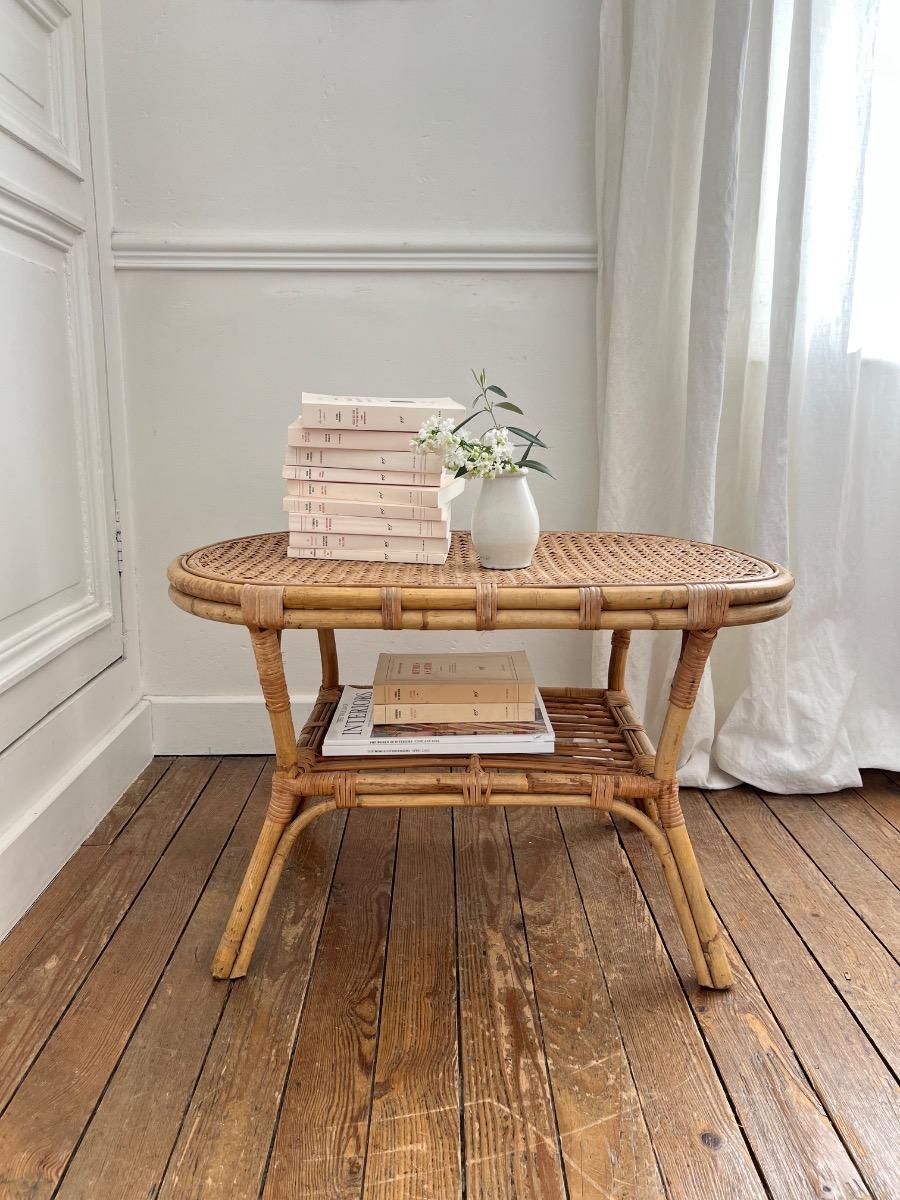 Table basse rotin cannage 1960