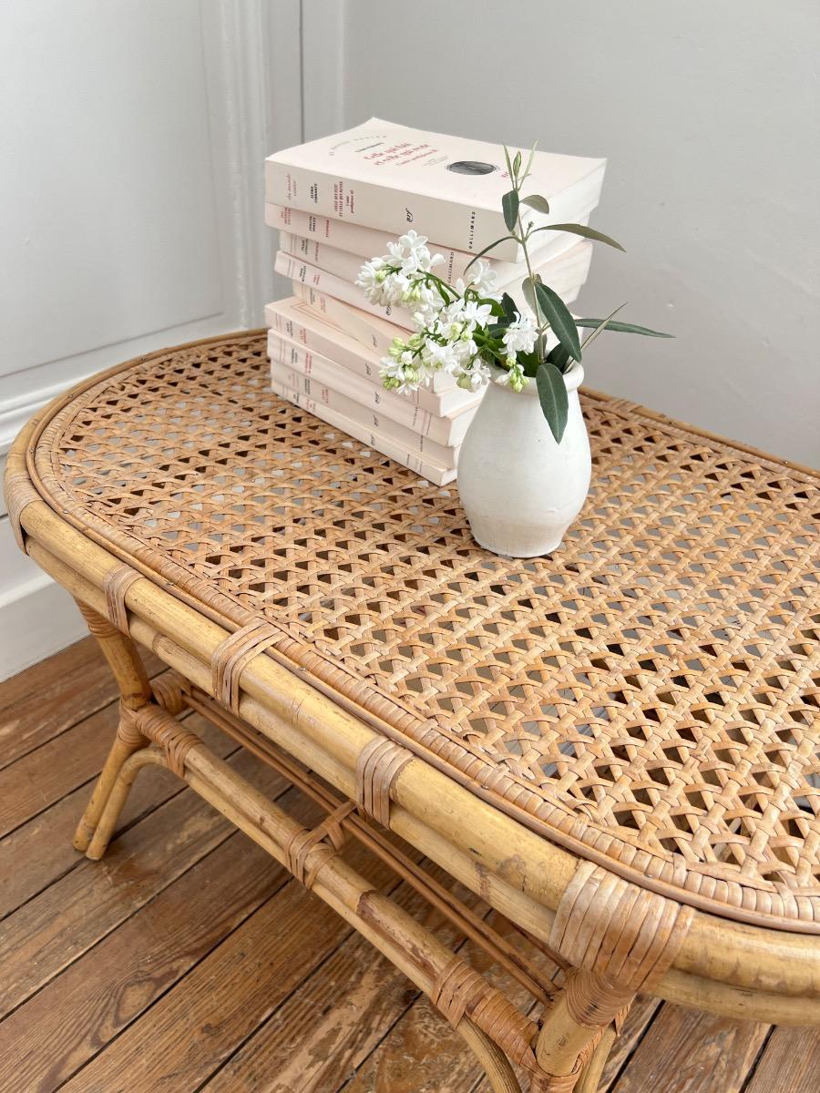 Table basse rotin cannage 1960