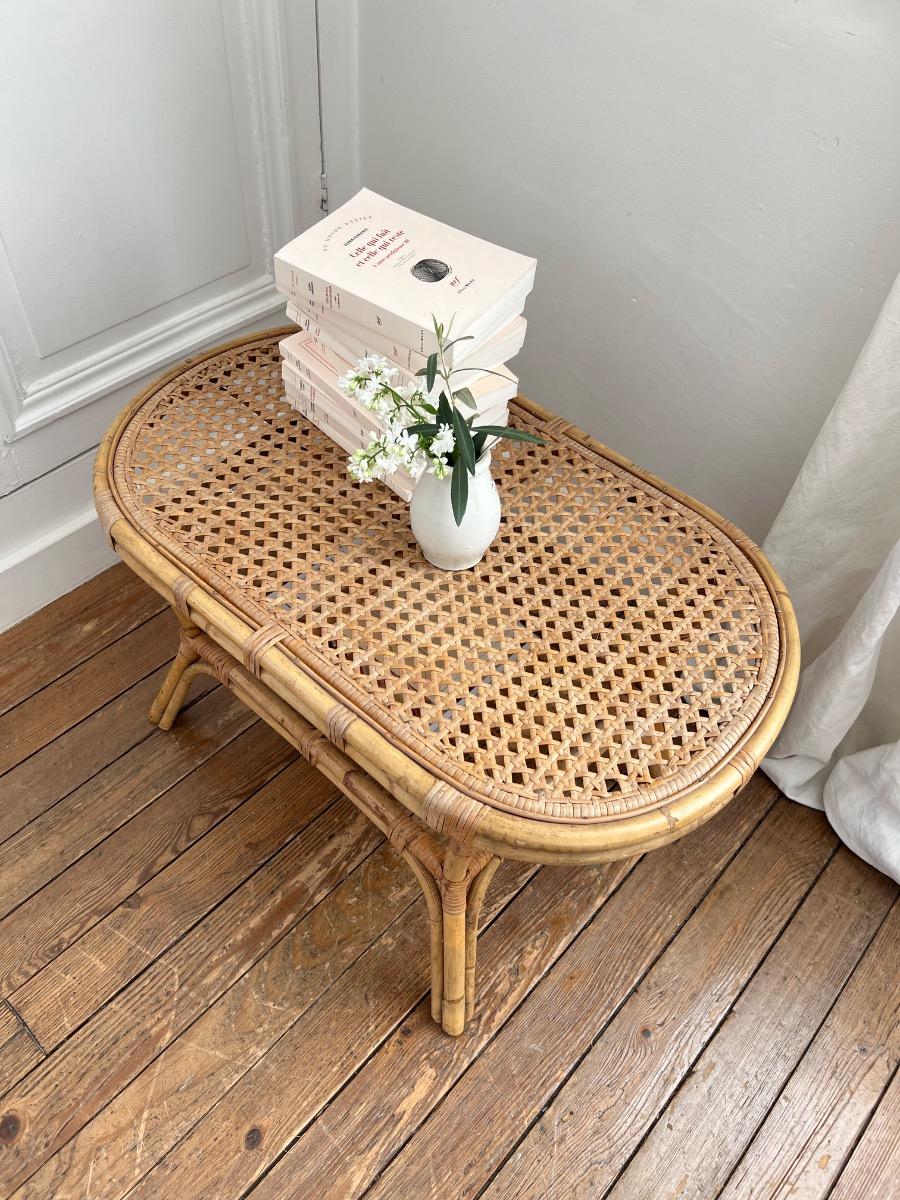 Table basse rotin cannage 1960