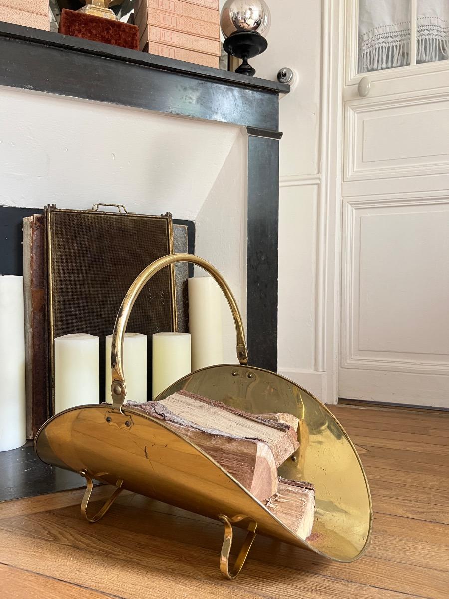 Panier à bûches métal doré 1950