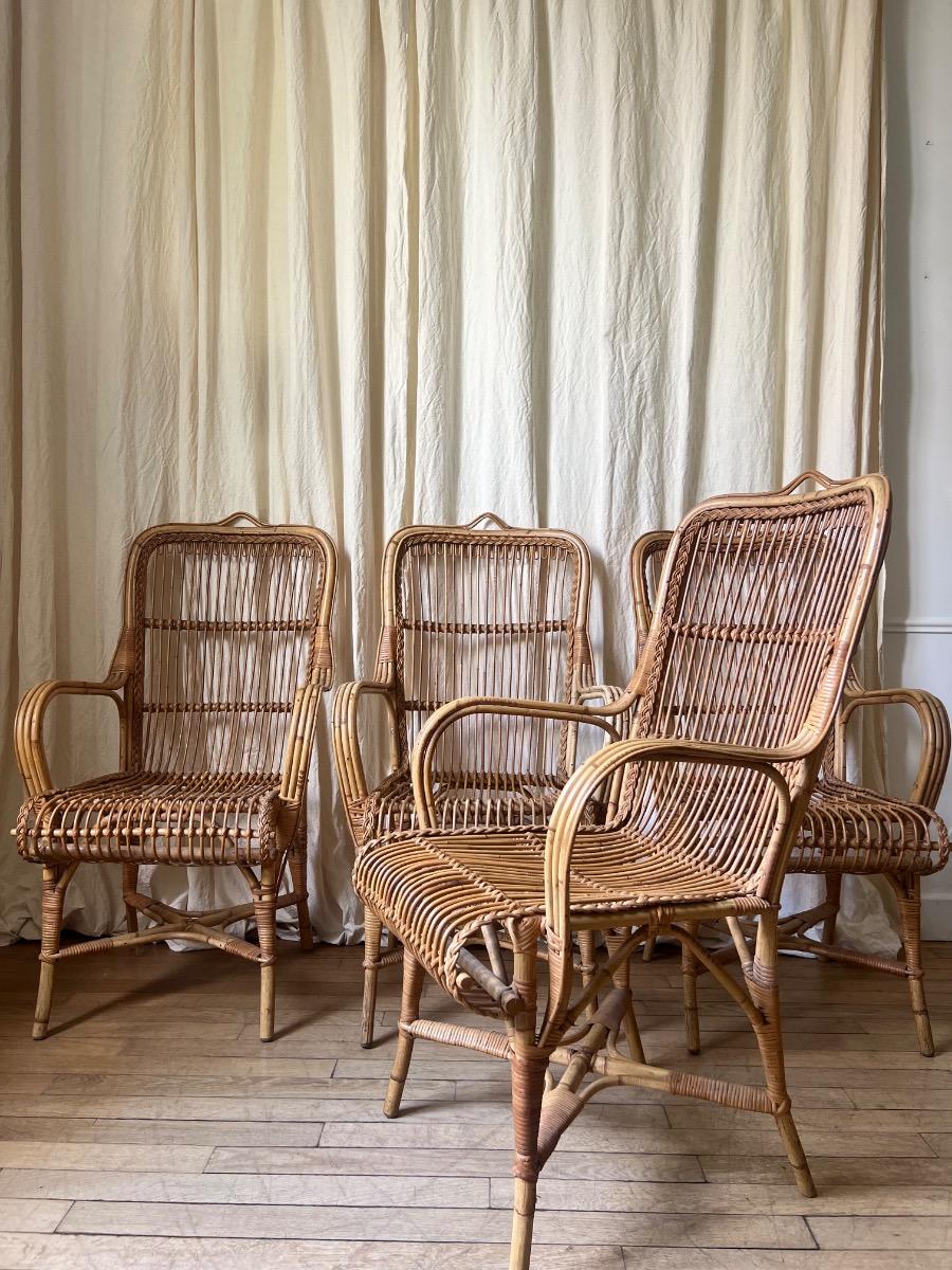Suite de 4 fauteuils rotin 1950