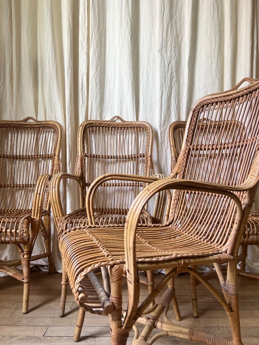 Suite de 4 fauteuils rotin 1950