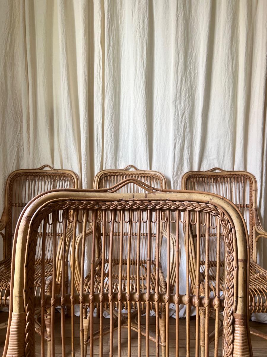 Suite de 4 fauteuils rotin 1950