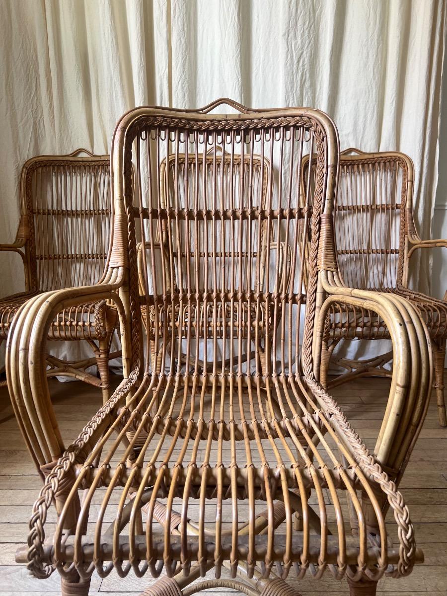 Suite de 4 fauteuils rotin 1950