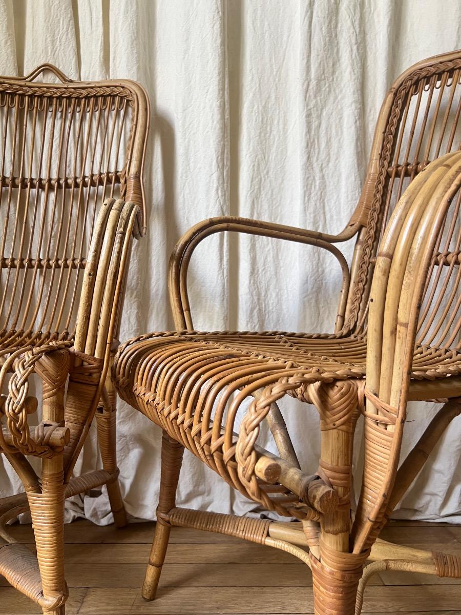 Suite de 4 fauteuils rotin 1950